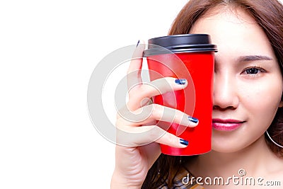 Charming beautiful young woman holding paper cup of coffee. Attractive beautiful women use it for close half face with isolated o Stock Photo