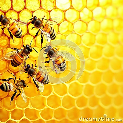Charming bees busy at work on honeycomb with ample space for your custom text and messages Stock Photo