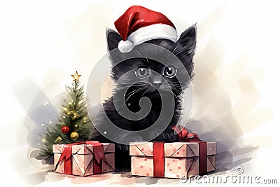 a charming black fluffy kitten in a Santa hat sits near beautifully packed boxes with gifts Cartoon Illustration