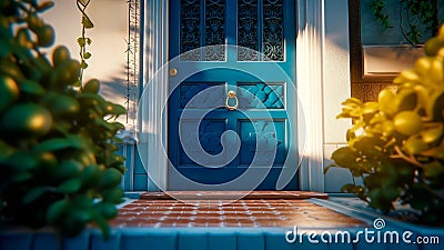 A charming blue door welcomes visitors to a beautiful home, Generative AI Stock Photo