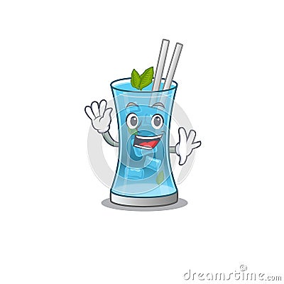 A charming blue hawai cocktail mascot design style smiling and waving hand Vector Illustration