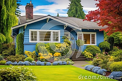 a charming blue home with a lush front yard Stock Photo