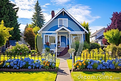 a charming blue home with a lush front yard Stock Photo