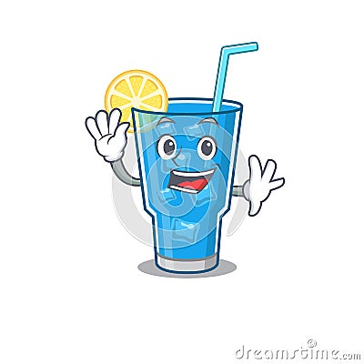 A charming blue lagoon cocktail mascot design style smiling and waving hand Vector Illustration