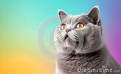 Charming British Shorthair Cat against a bright pastel background. Generative AI. Stock Photo