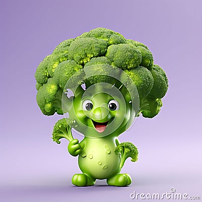 Charming Broccoli: 3D Render of a Cute Broccoli Isolated Against a Solid Background Stock Photo