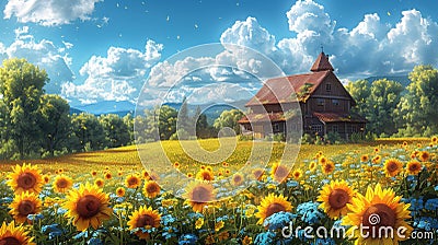 Charming Cabin Amidst a Blooming Sunflower Field Stock Photo