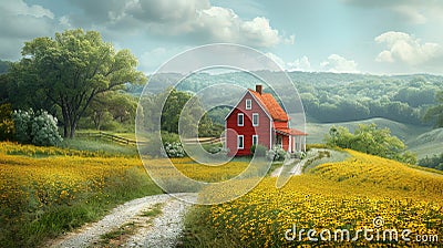 Charming Cabin Amidst a Blooming Sunflower Field Stock Photo