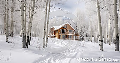 A Charming Cabin Amidst the Snowy Peaks of Park City, Encircled by a Grove of Quaking Aspens Stock Photo