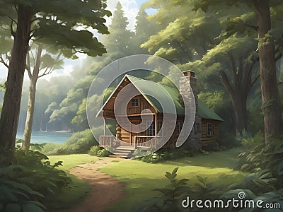A Charming Cabin Amidst Verdant Woodlands Stock Photo