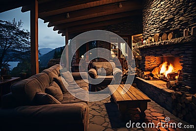 Charming Cabin Getaway. Serene retreat in the woods with fireplace and tempting cocoa treats Stock Photo