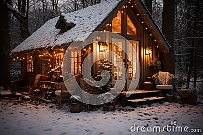 A charming cabin surrounded by snow bathed in a welcoming glow, hygge concept, AI Generated Stock Photo