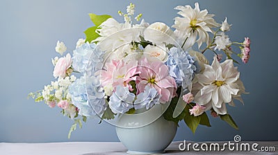 Blue Vase With Colorful Flowers In Pastel Color Scheme Stock Photo