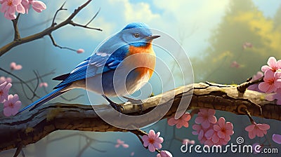 A charming cartoon bluebird perched on a tree branch Stock Photo