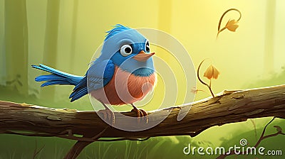 A charming cartoon bluebird perched on a tree branch Stock Photo