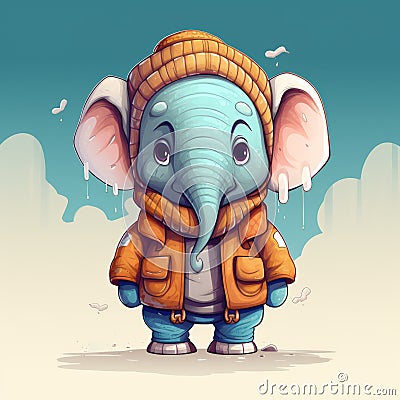 Charming Cartoon Elephant In Orange Jacket - Illustration Stock Photo