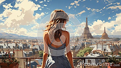 Woman exploring the streets of Paris Cartoon Illustration