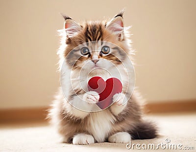 A charming cat holds a vibrant red heart in its small paws, showcasing an endearing image perfect for expressing love Stock Photo