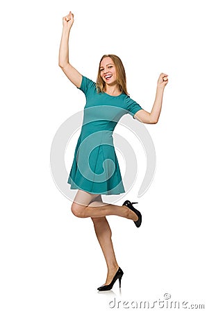 The charming caucasian woman wearing green dress isolated on white Stock Photo