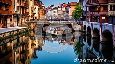 A charming city channel with a reflection of ancient buildings in water Stock Photo