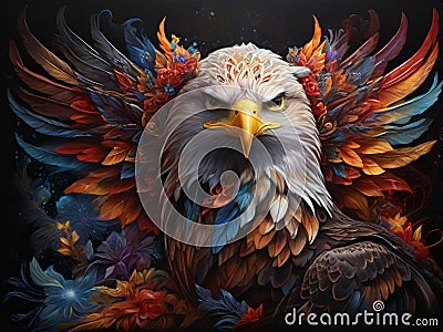 A charming and colored eagle in a bold painting, on black background, bright flash, animal design, fantasy art, t-shirt, logo Stock Photo