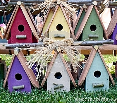 Charming Colorful Wooden Birdhouses Stock Photo