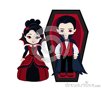 Charming couple of vampires. Boy and girl in a vampire costume. Vector Illustration