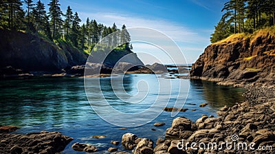 A charming and cozy coastal cove with calm water and a rocky beach Stock Photo