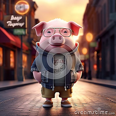 Charming 3d Cartoon Pig With Glasses In Urban Attire Stock Photo