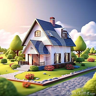 Charming 3D Render: Cute Isometric Illustrated House on Plane Background Stock Photo