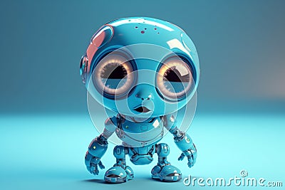 Ai Generative Cute blue baby robot with blue eyes on blue background. 3d rendering Stock Photo