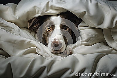 A charming dog's face under a gray blanket Stock Photo