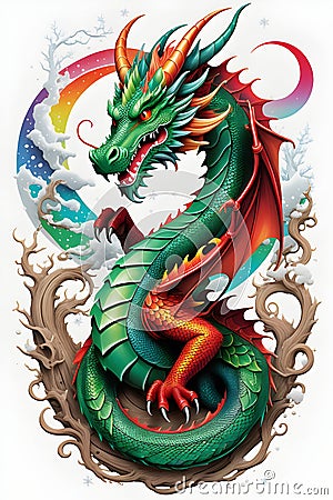 A charming dragon with wood element, fantasy swirls splash, white background, digital painting, t-shirt design Stock Photo