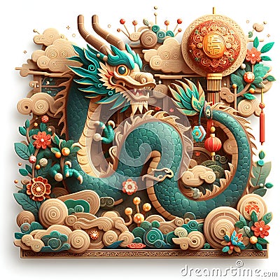 A charming dragon with wood elements, in chinese style art, fantasy, magical animal design, white bavkground, printable Stock Photo
