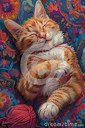 charming drawing of a cat having fun on a vibrant carpet while tinkering with a ball of yarn Stock Photo