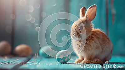 Charming Easter scene with a playful bunny and colorful Easter eggs. The bunny, with its fluffy white fur and long, floppy ears, Stock Photo