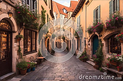 A charming European cityscape with cobblestone streets, colorful buildings. Stock Photo