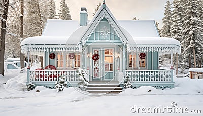 Charming festive christmas cottage with cozy ambiance delicate wreath on front porch Stock Photo