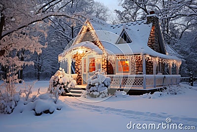 Charming festive christmas cottage with snowy surroundings and broken christmas lights Stock Photo