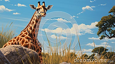 Charming Giraffe Painting In Greg Hildebrandt Style Cartoon Illustration