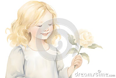 charming girl with blonde hair,holding a flower and smiling,delicate pastel colors,watercolor illustration, Cartoon Illustration