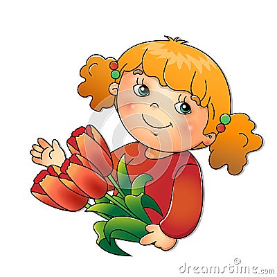 Charming girl holding a bouquet of tulips isolated on white Vector Illustration