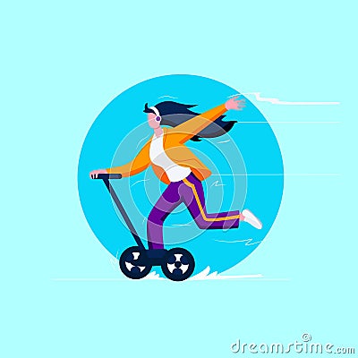 The charming girl on the scooter, Speed motor racing Scooter, Skateboard Driving Boy Risky Steps, girl driving foldable Electric s Cartoon Illustration