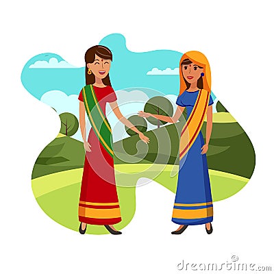 Charming Girlfriends from India Flat Illustration Vector Illustration