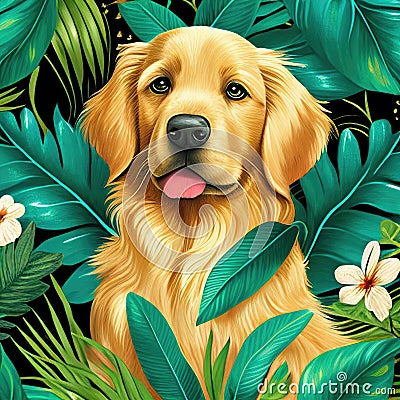illustration Golden Retriever dog in tropical forest with plants and brightly colored flowers Stock Photo