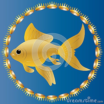 Charming goldfish surrounded by precious crowns. Realistic image on a blue background the color of sea water. Vector Illustration