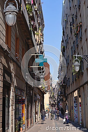 The charming Gothic Quarter, or Barri Gotic, has narrow medieval streets filled with trendy bars, clubs and Catalan restaurants. Editorial Stock Photo