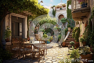 Charming Greek house backyard. Generate Ai Stock Photo