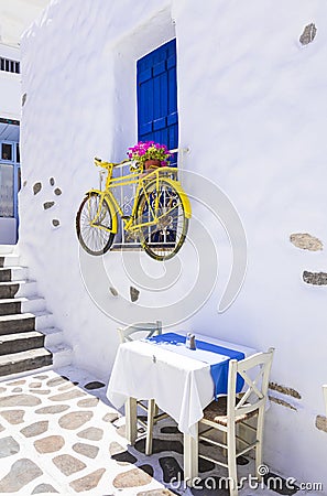 Charming Greek tavernas on narrow streets Stock Photo