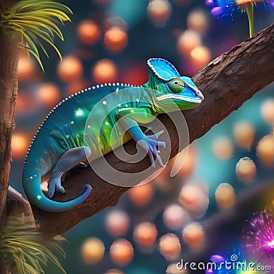A charming group of chameleons changing colors to match the vibrant fireworks overhead1 Stock Photo